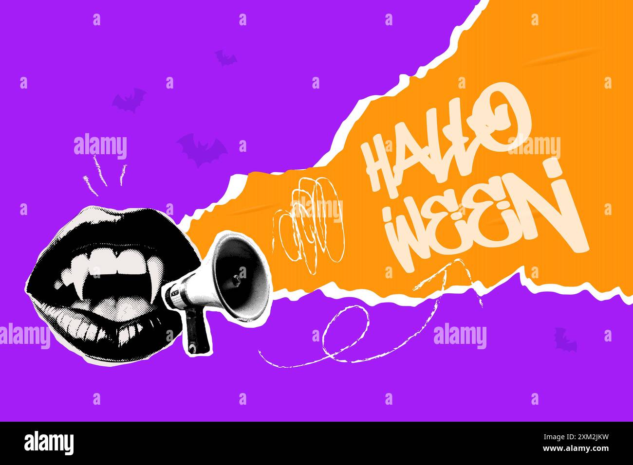 Halftone banner, retro Halloween pop collage with vampire teeth. Vector