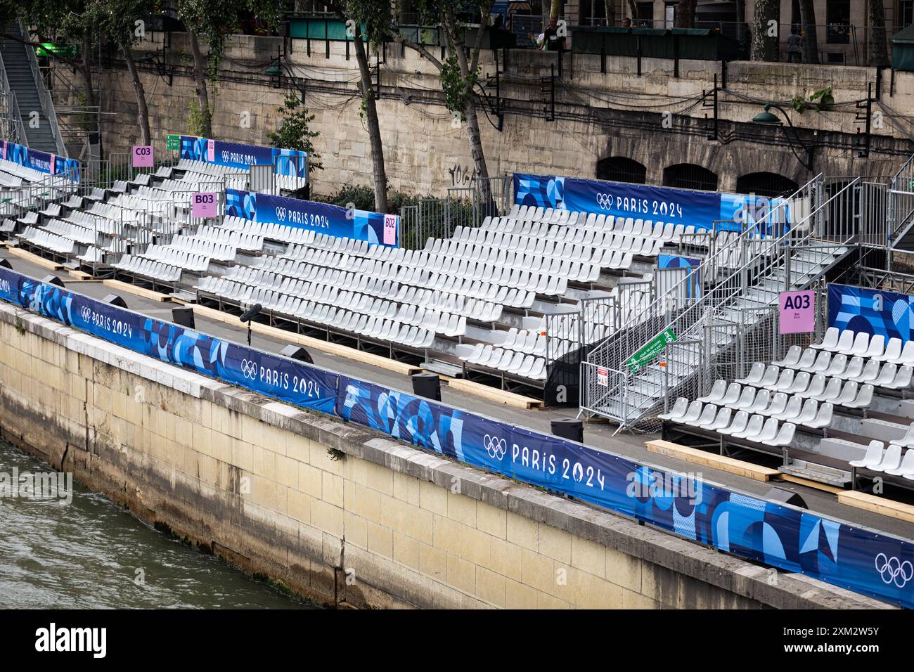 Seine Railing The stands set up along the banks of the River Seine are ready for the ...