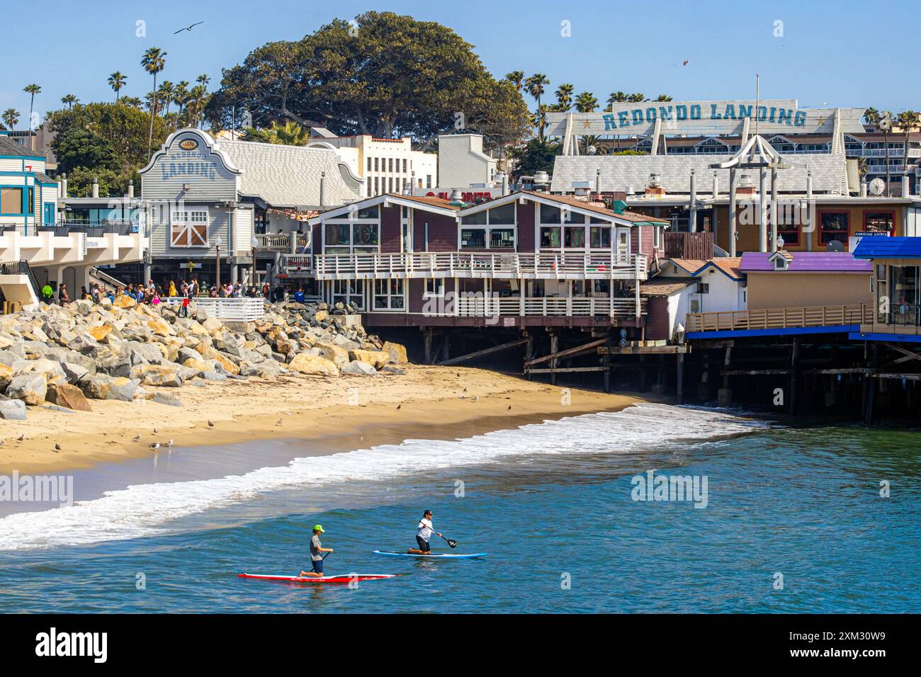 People paddling on stand-up paddle boards near Redondo Landing, Redondo Beach, California. Redondo Beach is a popular tourist destination in summer Stock Photo