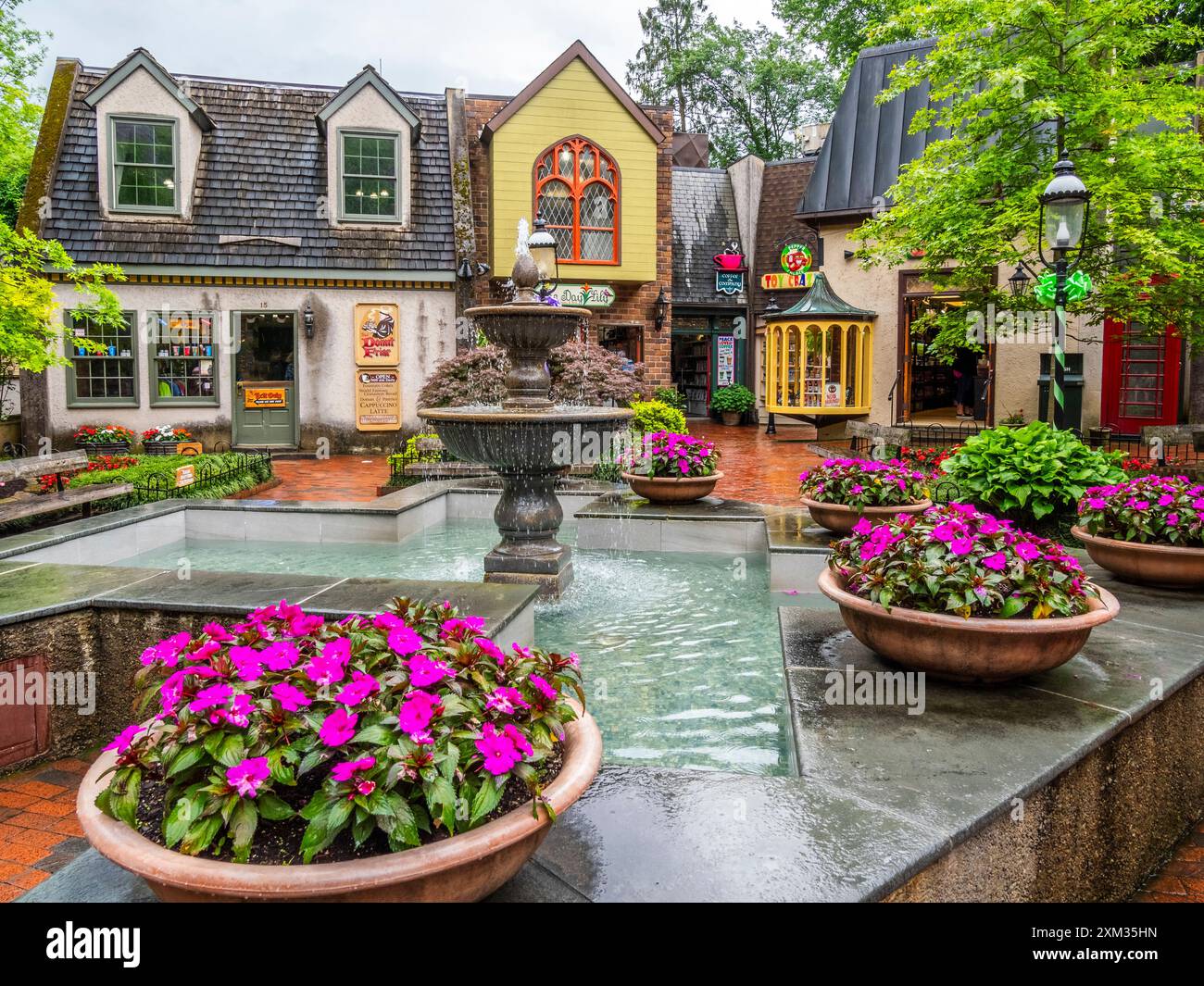 Rainy day at the Village Shops in downtown Gatlinburg Tennessee USA Stock Photo