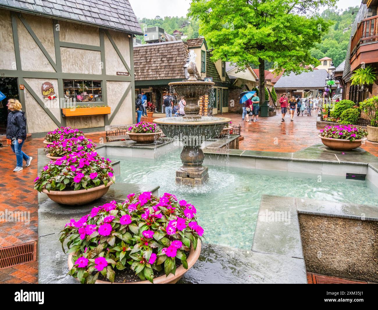 Rainy day at the Village Shops in downtown Gatlinburg Tennessee USA Stock Photo