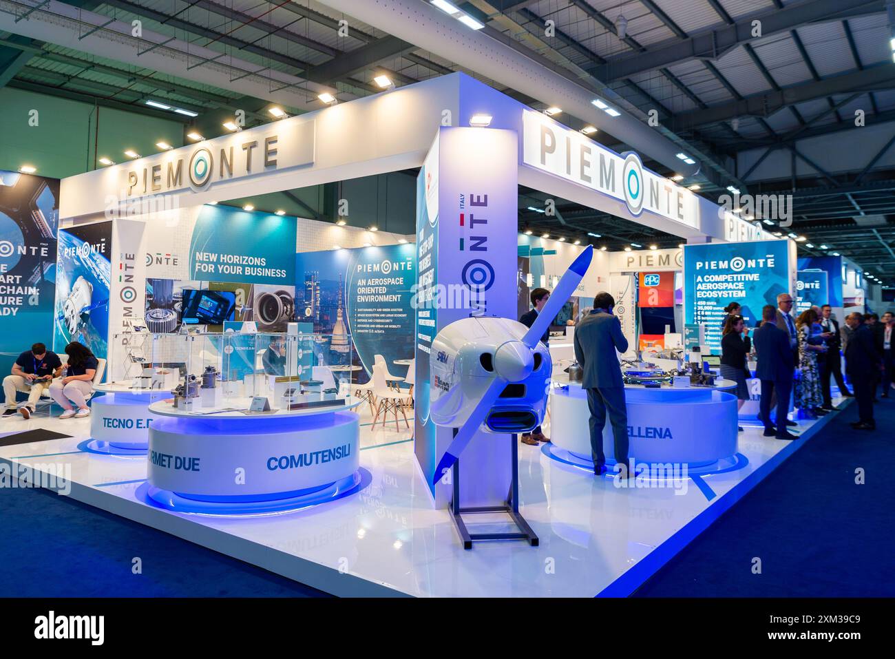 Piemonte Italy stand in the halls at the Farnborough International Airshow, UK. Italian aerospace business Stock Photo