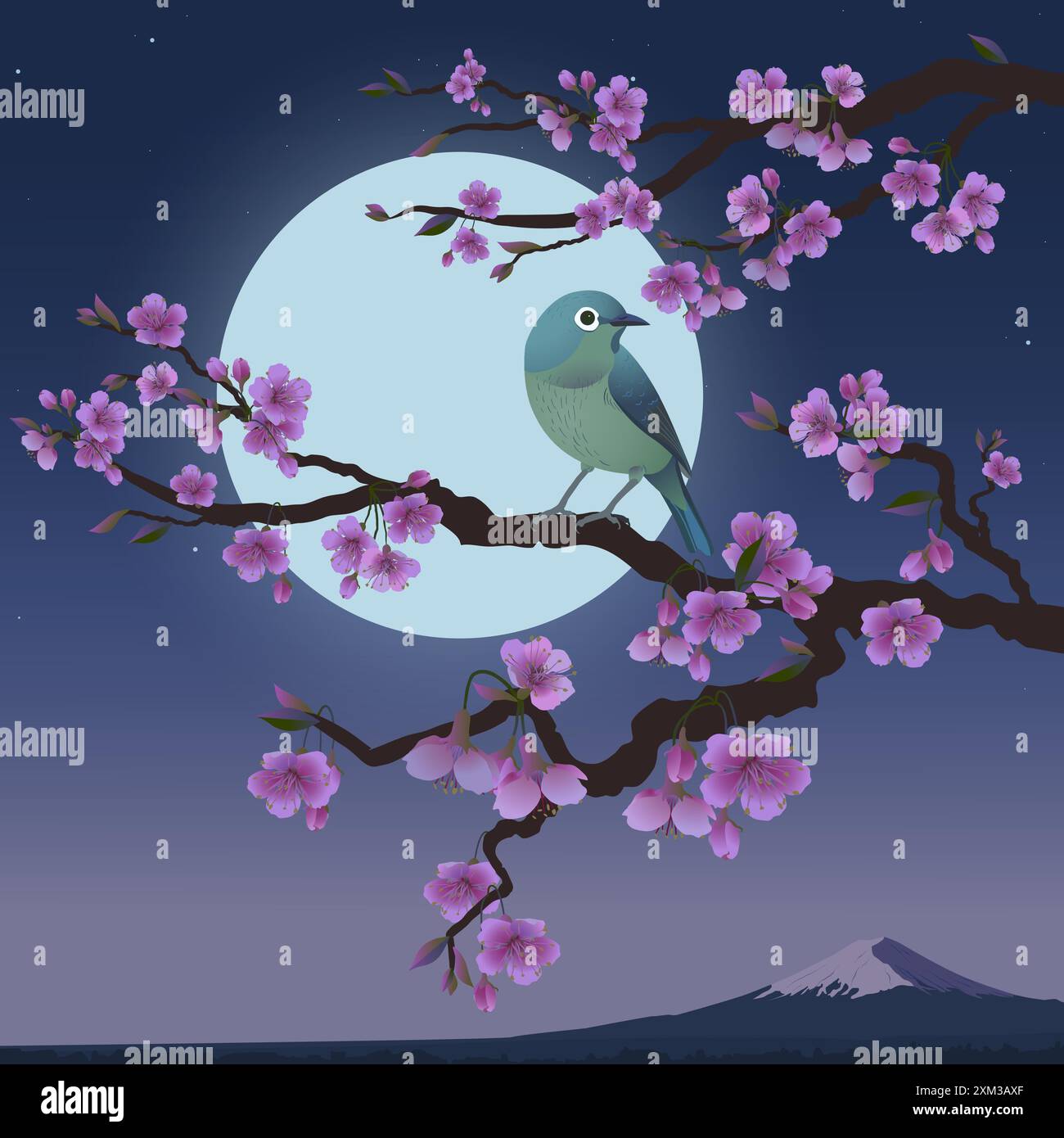 Realistic graphics of Uguisu and Sakura tree on a background of Moon. Japanese Nightingale on a branch of blossoming cherries. Vector illustration of Stock Vector