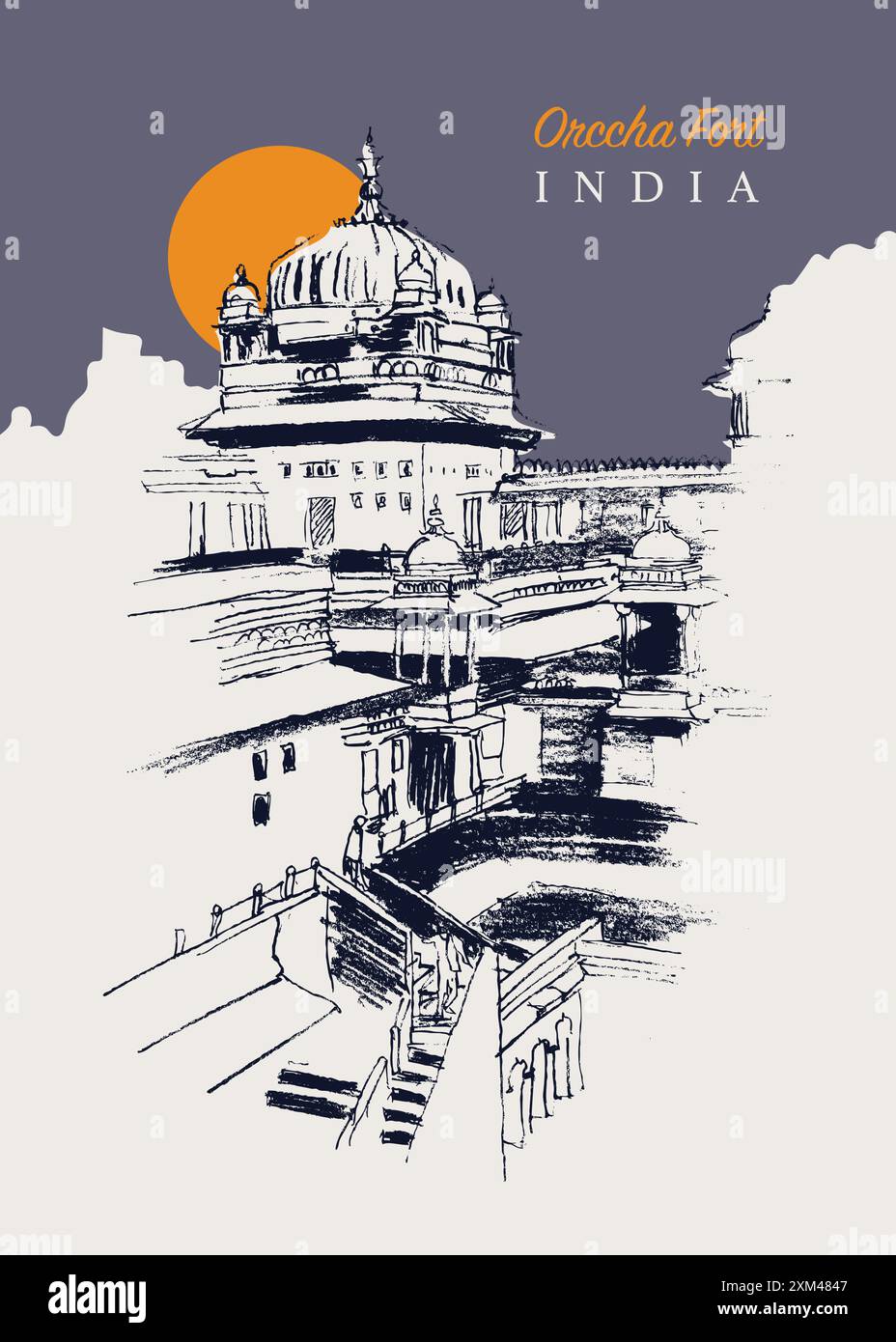 Vector hand drawn sketch illustration of the Orchha Fort in the Madhya Pradesh region of India. Stock Vector