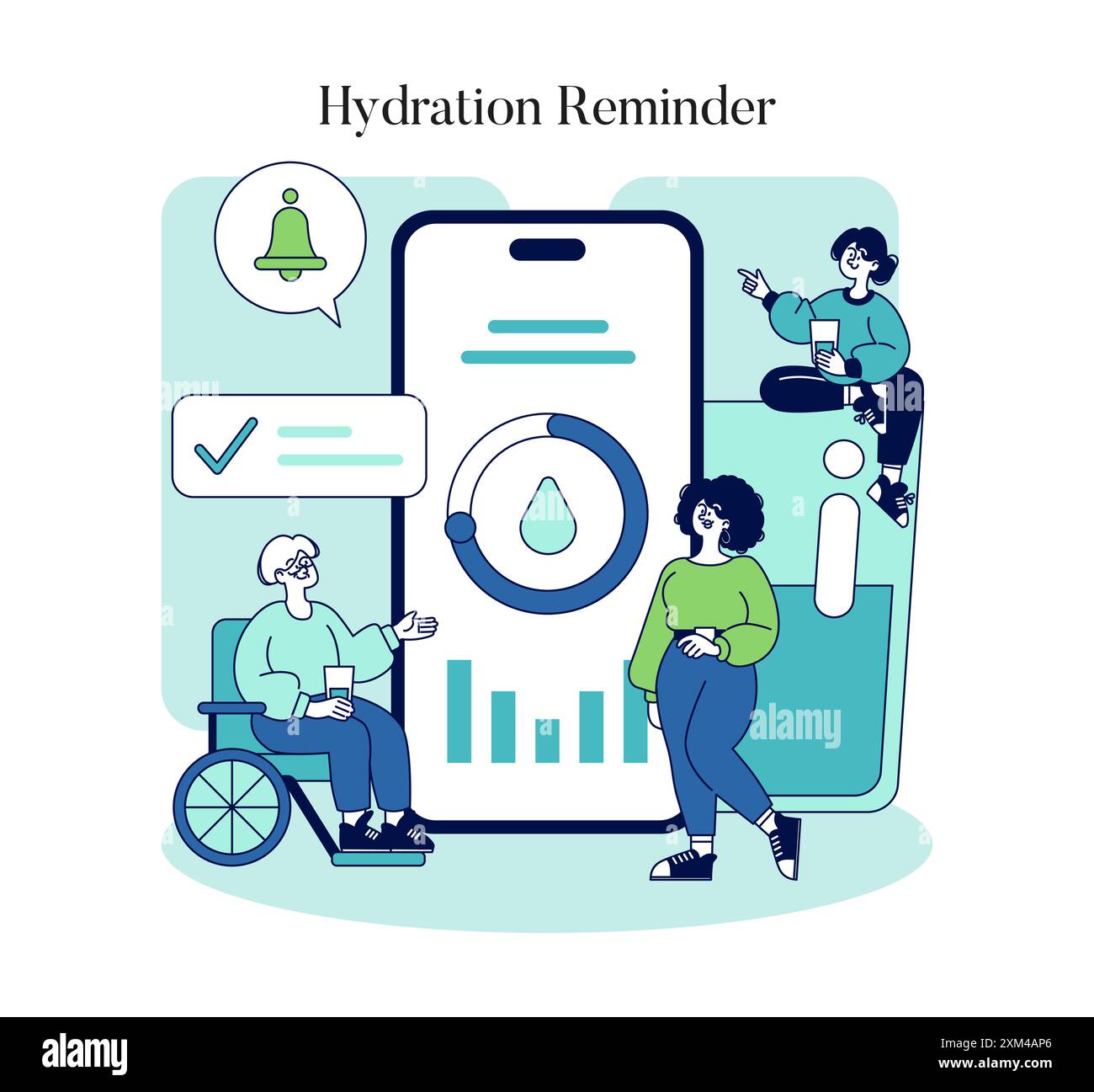 Hydration Reminder concept. Illustration of diverse individuals using a