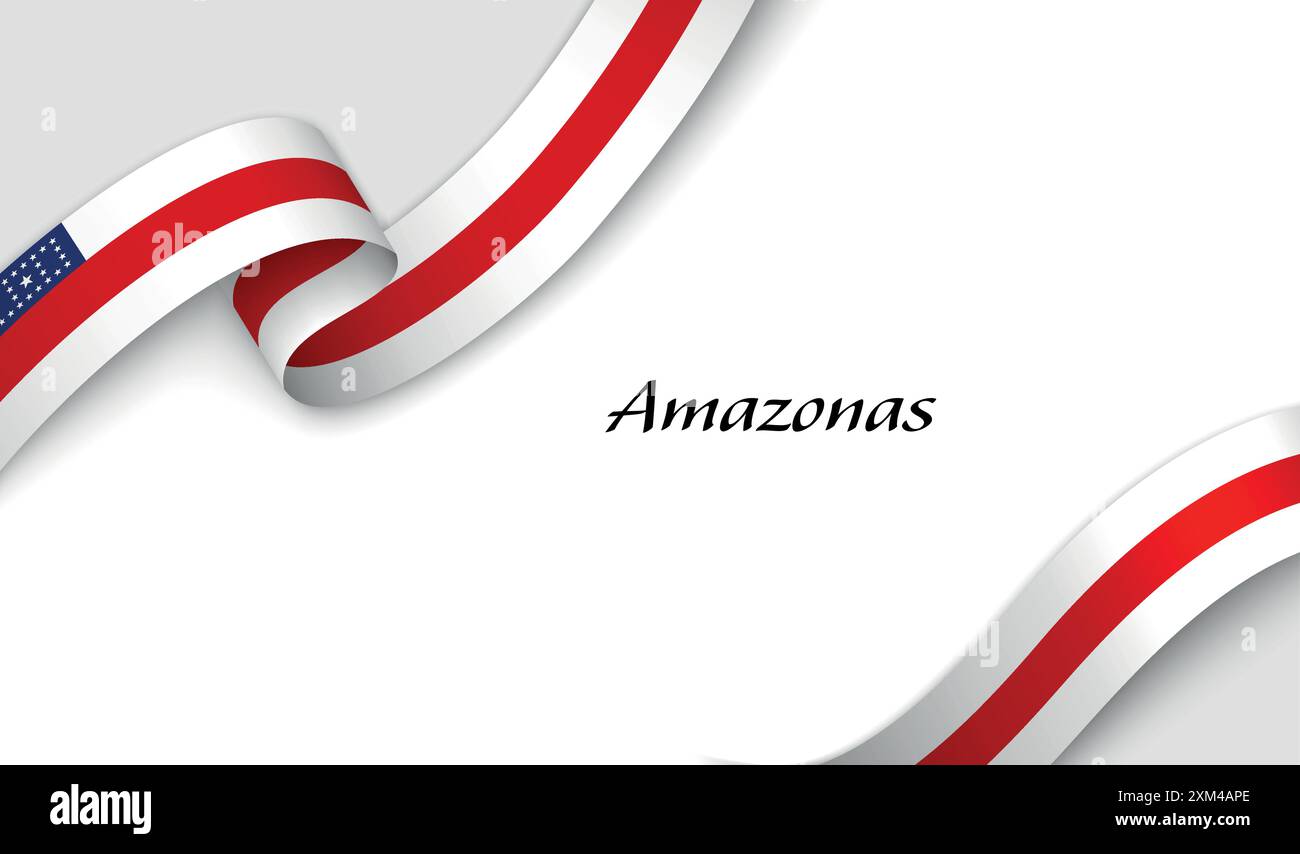 Curved ribbon with fllag of Amazonas is a state of Brazil on white ...
