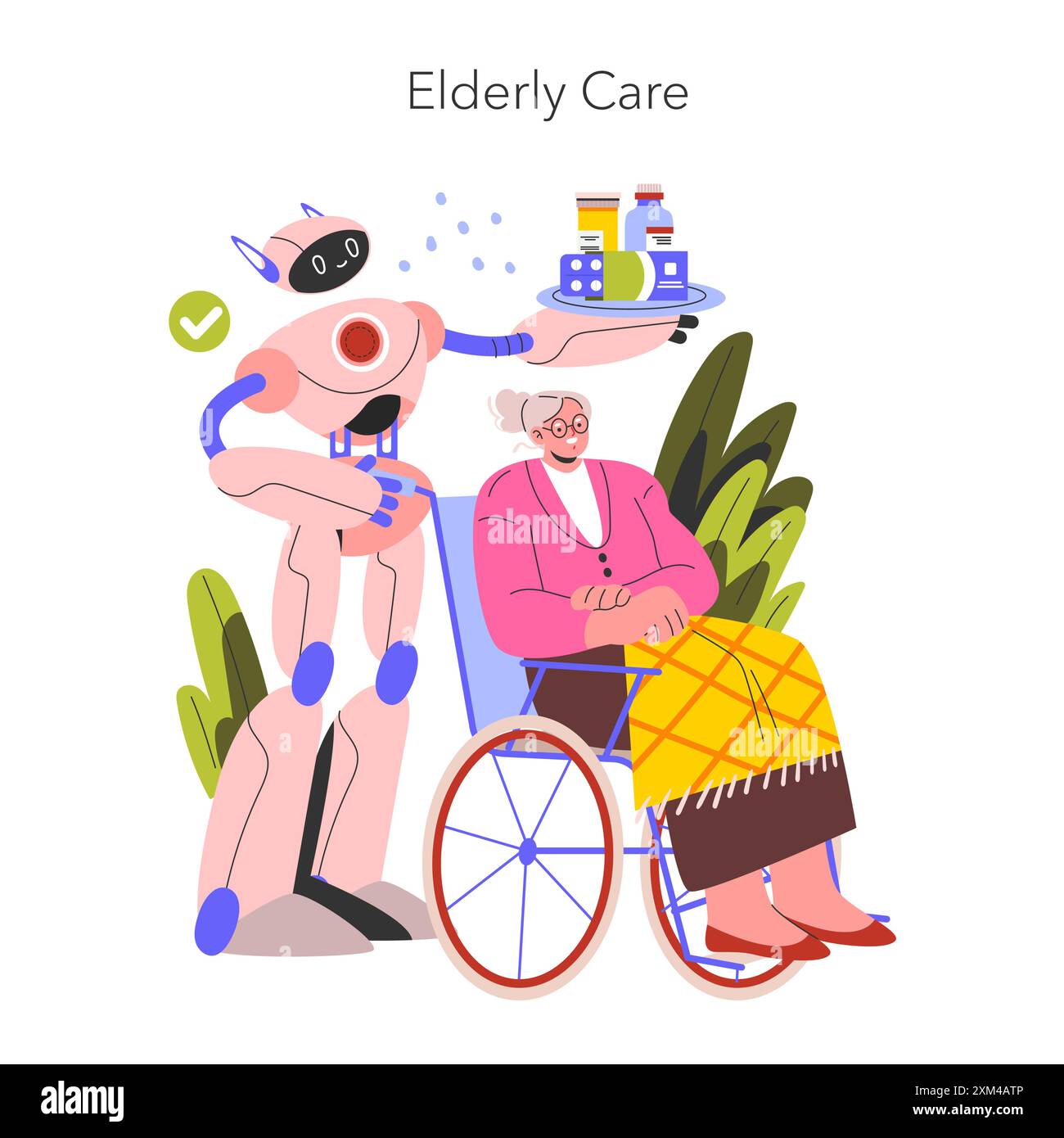 Robot Assistant concept. A futuristic caregiver robot aids an elderly woman, illustrating the blend of technology and senior care. Vector illustration. Stock Vector