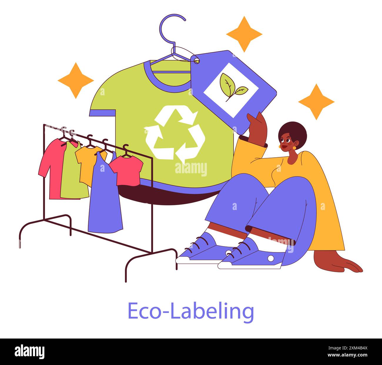 Sustainable Materials concept. Woman with eco-label highlights 