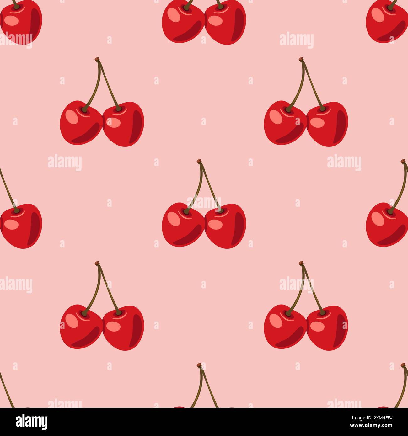 Vector Seamless Pattern with Adorable Cherry Couple on Pink Background. Cute Cherries for Valentine s Day, Love, Romance Concept Stock Vector