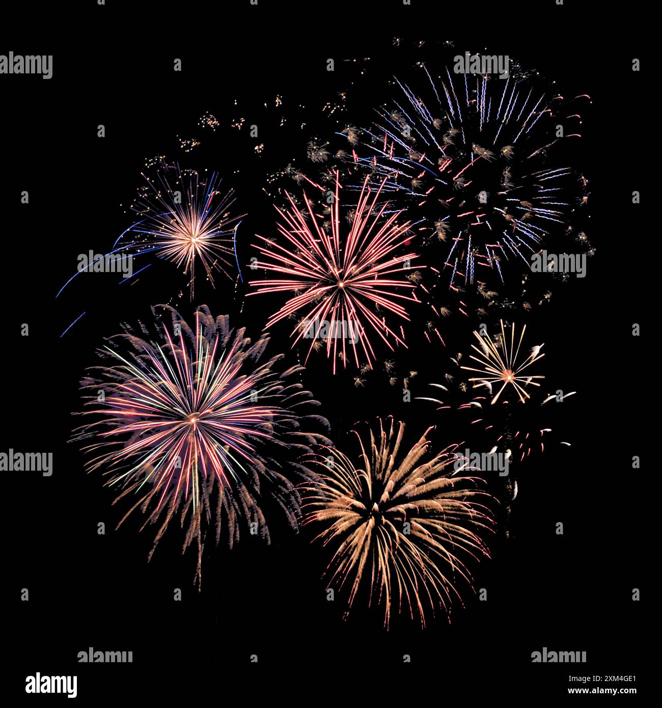 Composite of Fireworks Against Black Stock Photo