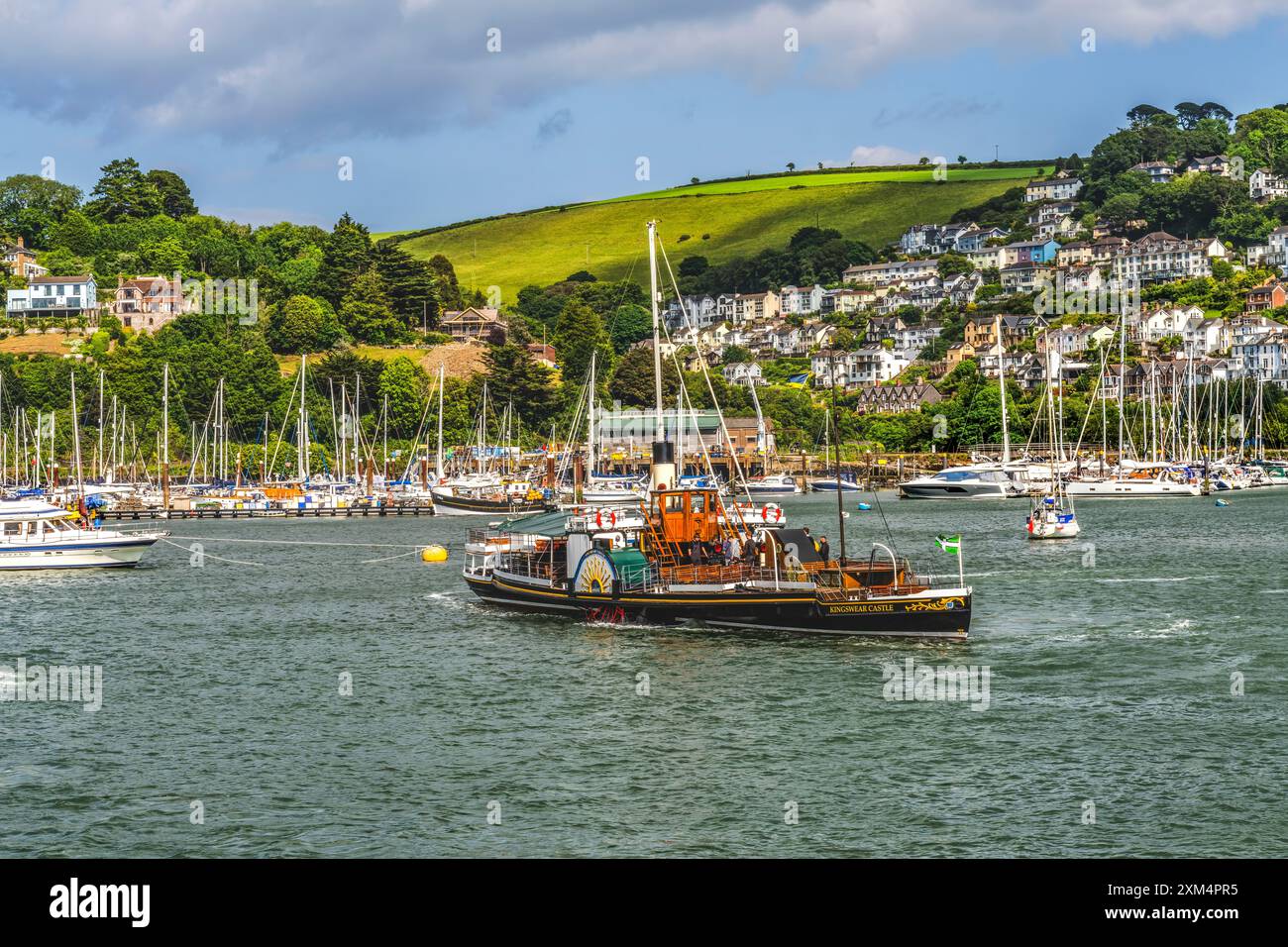 Colorful Kingswear Paddle Steamer Dartmouth Kingwear Harbor River Dart Devon England.  Last UK Paddle Steamer Over 100 years old. Stock Photo