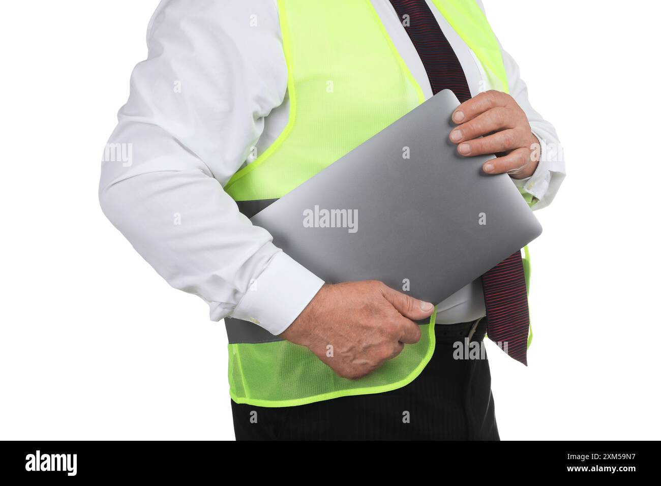 Engineer with laptop on white background, closeup Stock Photo
