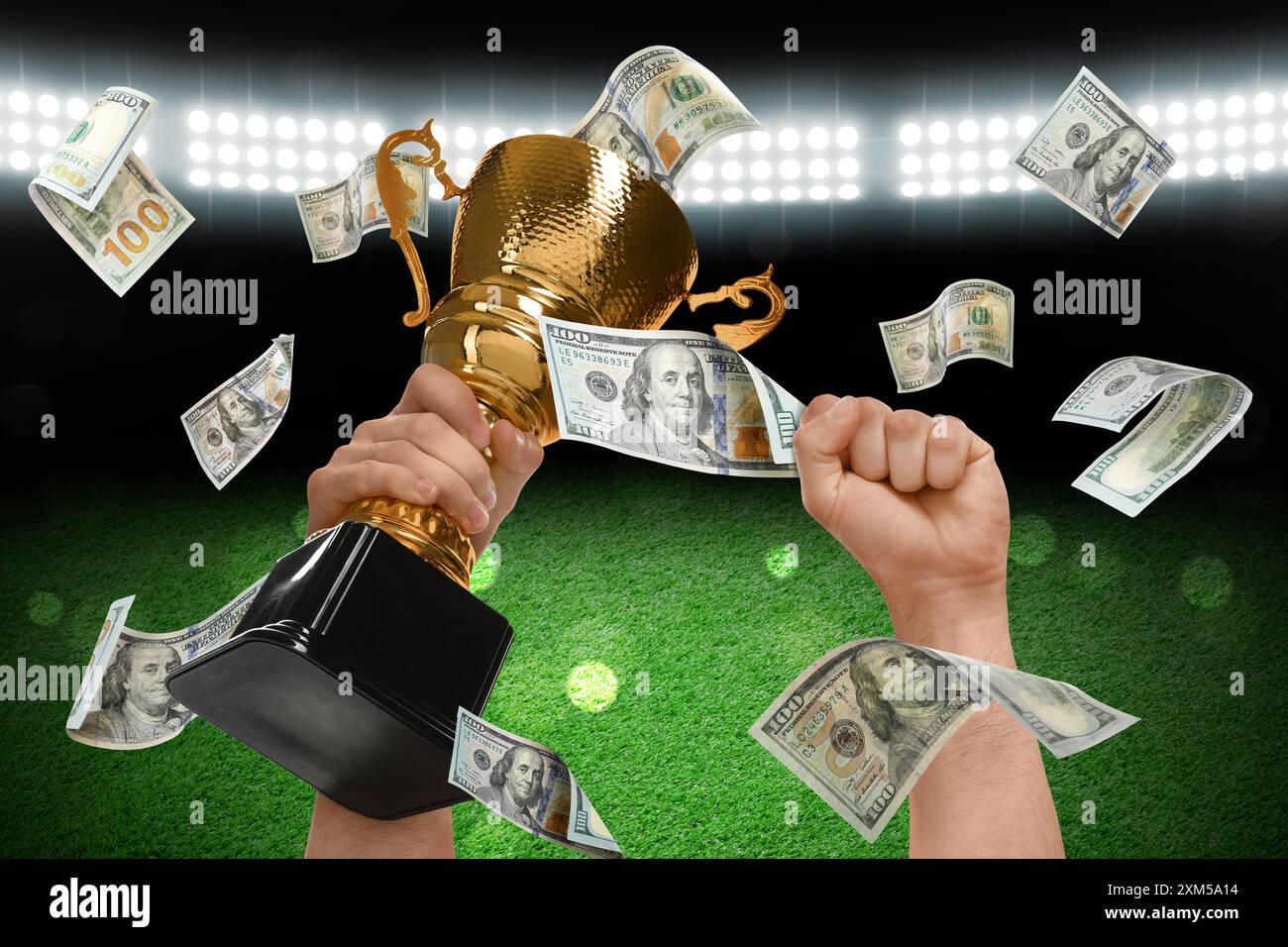 Trophy Raining Background Man holding gold trophy cup in money rain at stadium, closeup Stock ...
