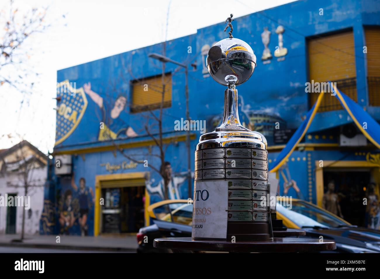 Copa Libertadores trophy near La Bombonera stadium, home of Club Atletico Boca Juniors at La Boca neighborhood in Buenos Aires, Argentina. Stock Photo