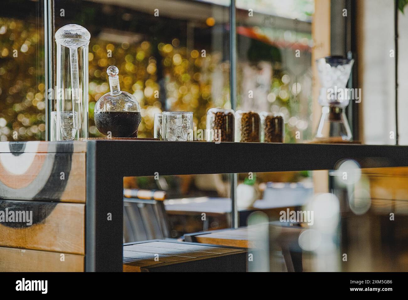 Alanya, Turkey, September 15, 2020: beautiful flask lab style coffee service in a cozy coffee shop Stock Photo
