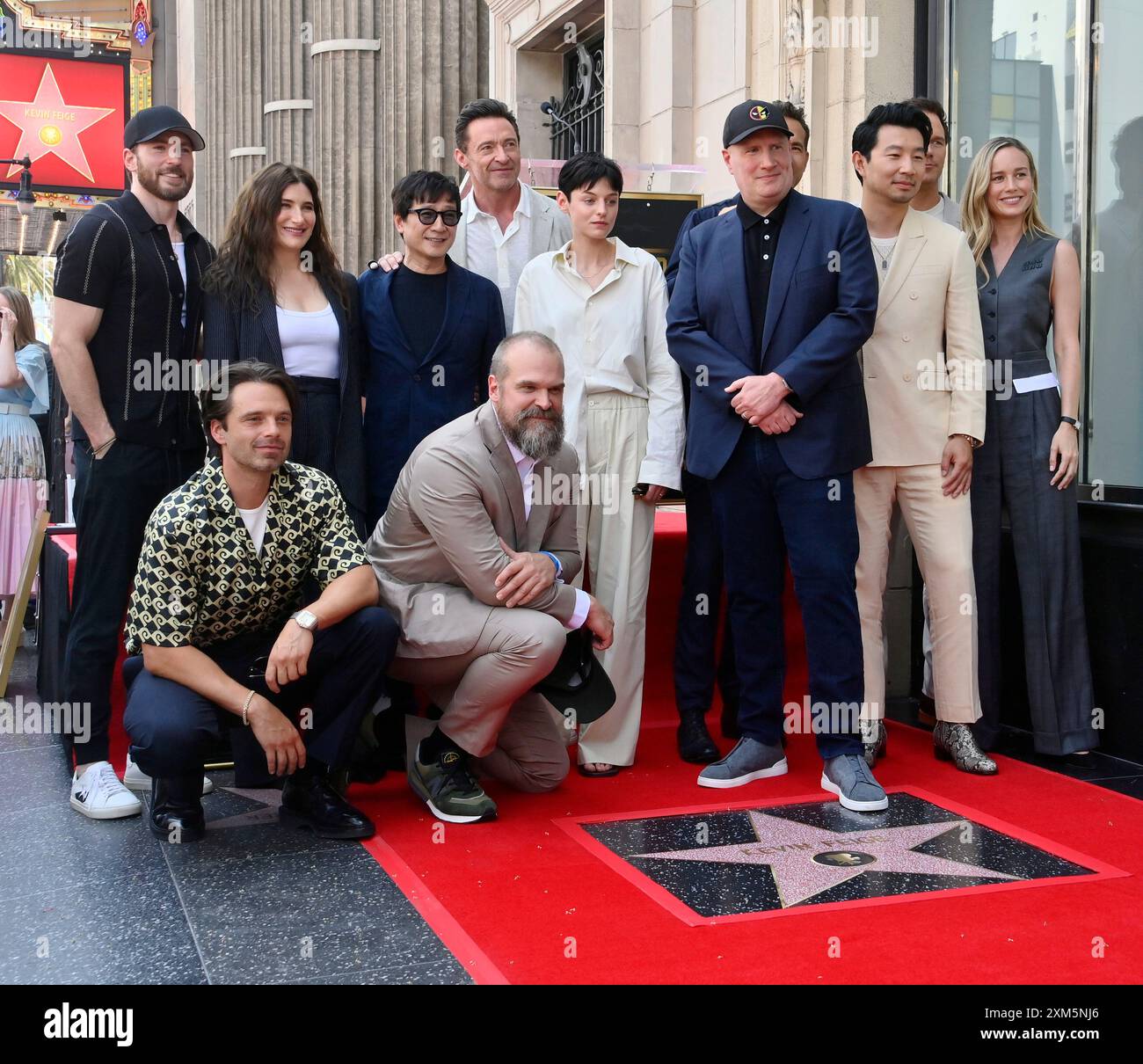 Los Angeles, United States. 25th July, 2024. L-R) Chris Evans, Sebastian Stan, Kathryn Hahn, Ke Huy Quan, David Harbour, Hugh Jackman, Emma Corrin, Kevin Feige, President, Marvel Studios, Ryan Reynolds, Simu Liu, Chris Pratt and Brie Larson attend an unveiling ceremony honoring him with the 2,785th star on the Hollywood Walk of Fame in Los Angeles on Thursday, July 25, 2024. Photo by Jim Ruymen/UPI Credit: UPI/Alamy Live News Stock Photo