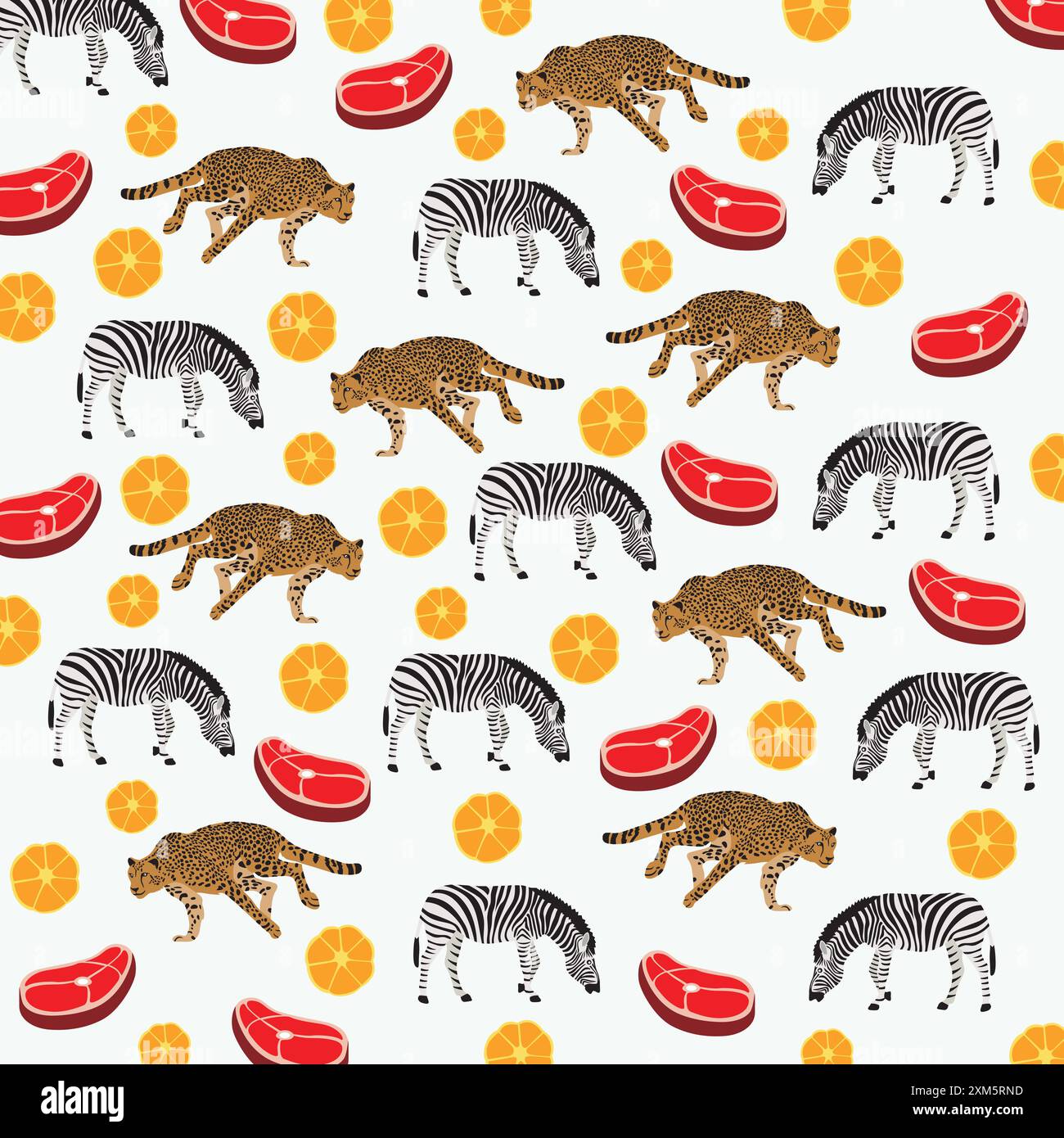 cute cheetah, zebra with meat and fruit as a pattern background Stock Vector