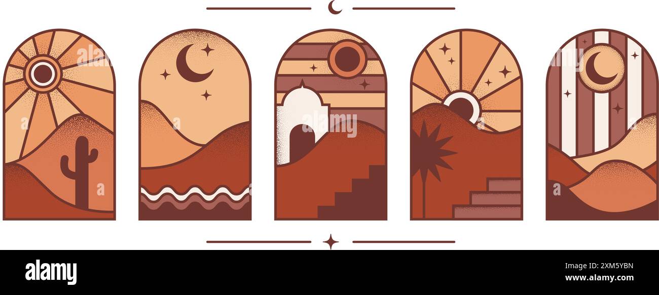Desert boho logo with mountain and sun landscape. Bohemian valley with moon and cactus. Abstract textured aesthetic design set. Vector arc with aurora Stock Vector