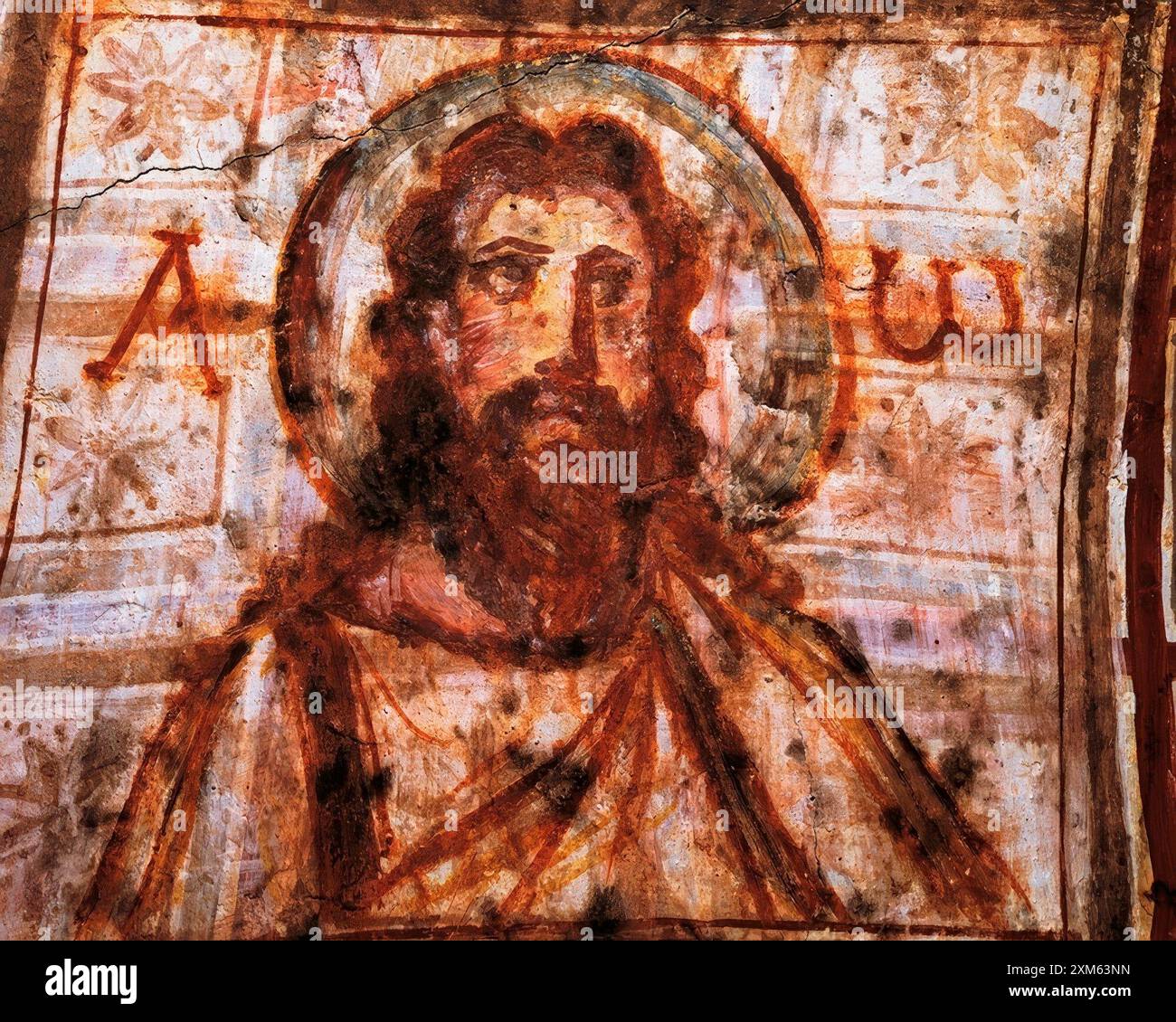 7309. Bust of Christ, fresco painting from the Catacombs of Commodilla dating from the 4-5th. C. AD. Rome Stock Photo