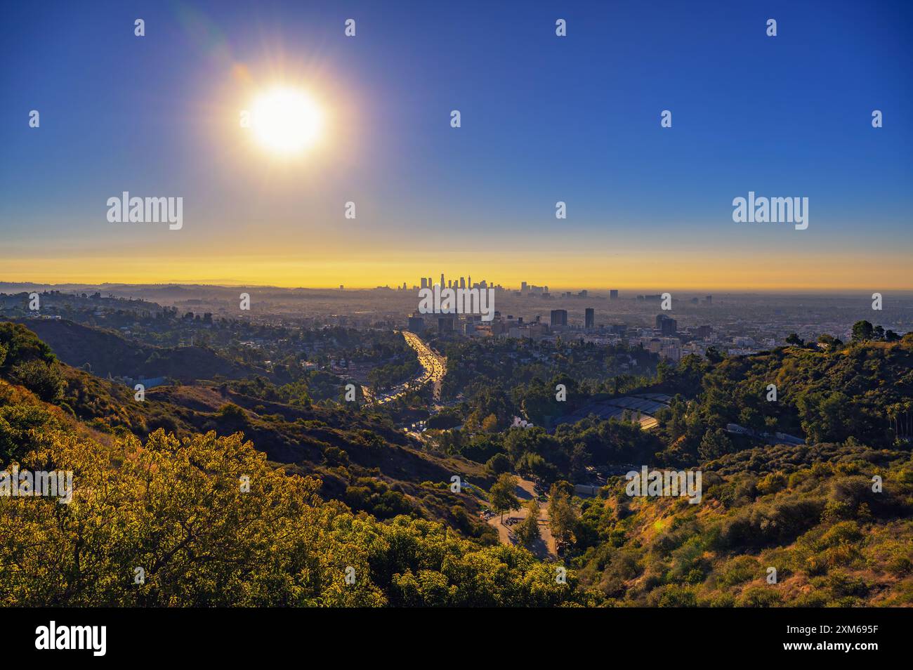 Sunrise at Jerome C. Daniel Overlook with Hollywood and Los Angeles skyline Stock Photo