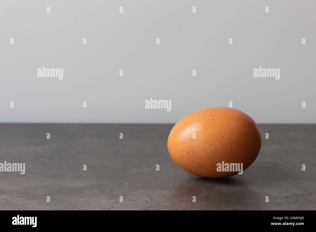 Brown single large egg over grey table on white background. Stock Photo
