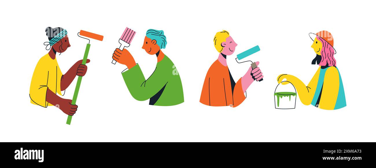 Set of multicultural team of young people. Flat vector illustration ...