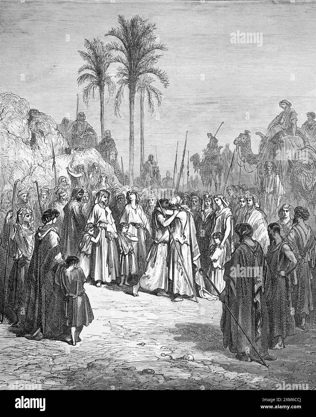 Wood Engraving of The Meeting of Jacob and Esau 33: 3-4 by Gustave Dore the Brothers Embracing after Jacob bowed himself to the ground 7 times Esau th Stock Photo