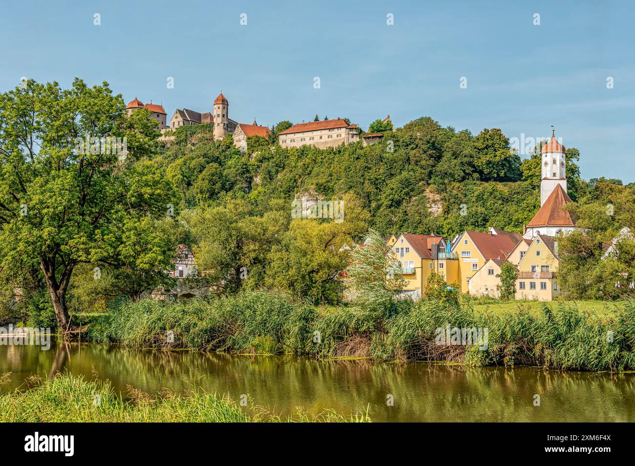 View of Harburg Castle in summer seen from the Wörnitz valley, Swabia, Bavaria, Germany | Aussicht auf Burg Harburg im Sommer vom Tal der Wörnitz gese Stock Photo