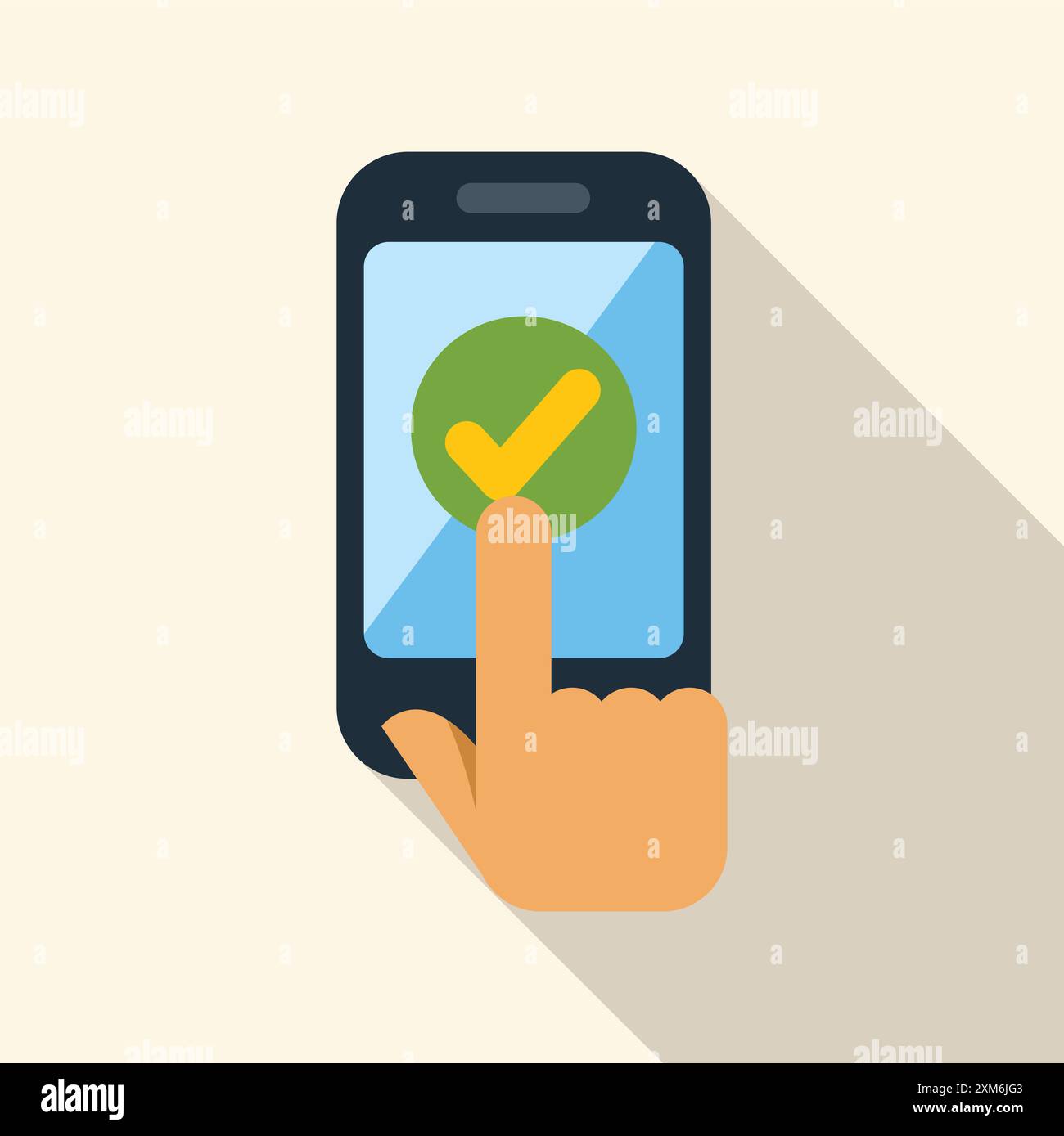 Hand is confirming an action on a smartphone by tapping a check mark ...