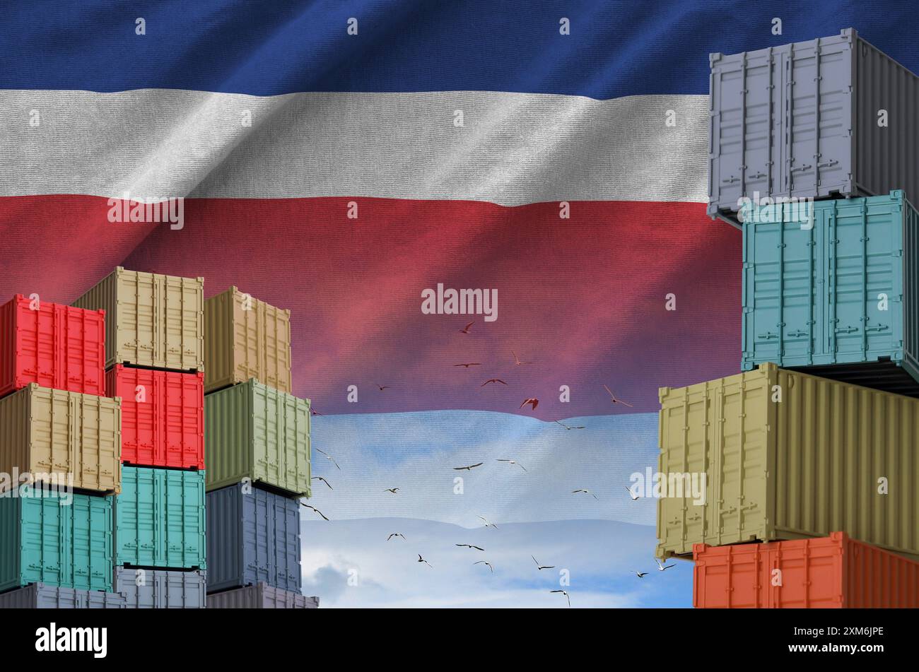 Costa Rica flag and big stack of shipping cargo containers in docks ...