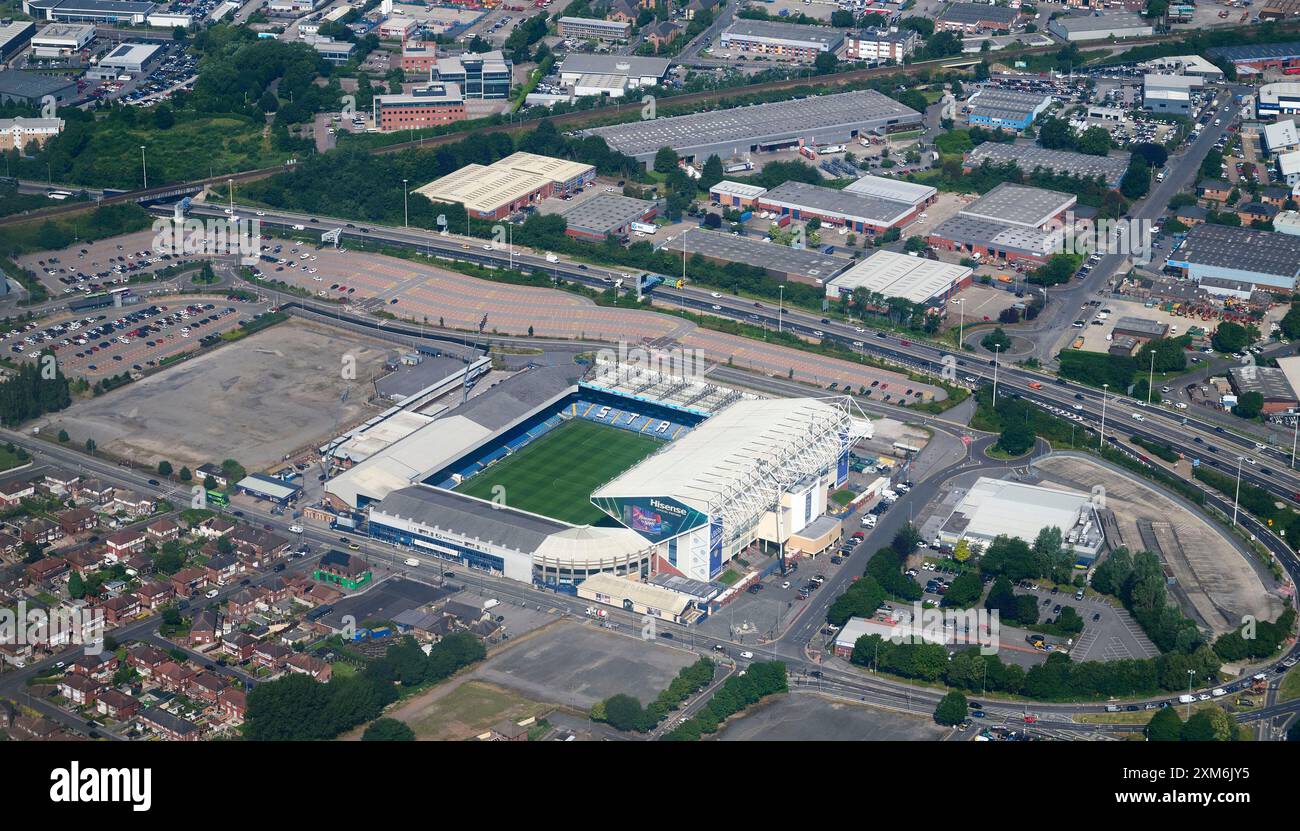 An aerial photograph of Leeds United Elland Road Football Stadium, west Yorkshire, northern England, UK Stock Photo