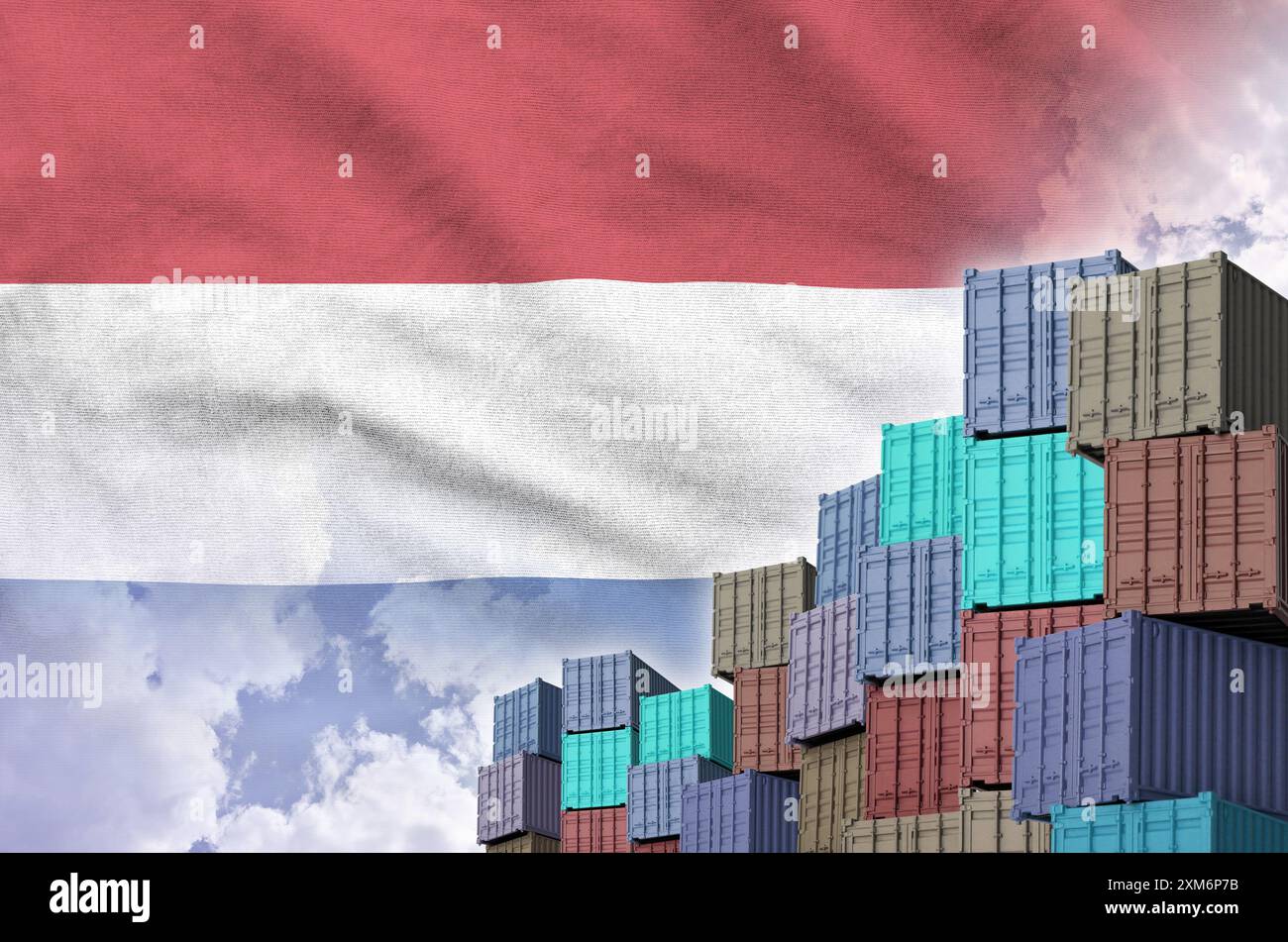 Netherlands flag and big stack of shipping cargo containers in docks ...
