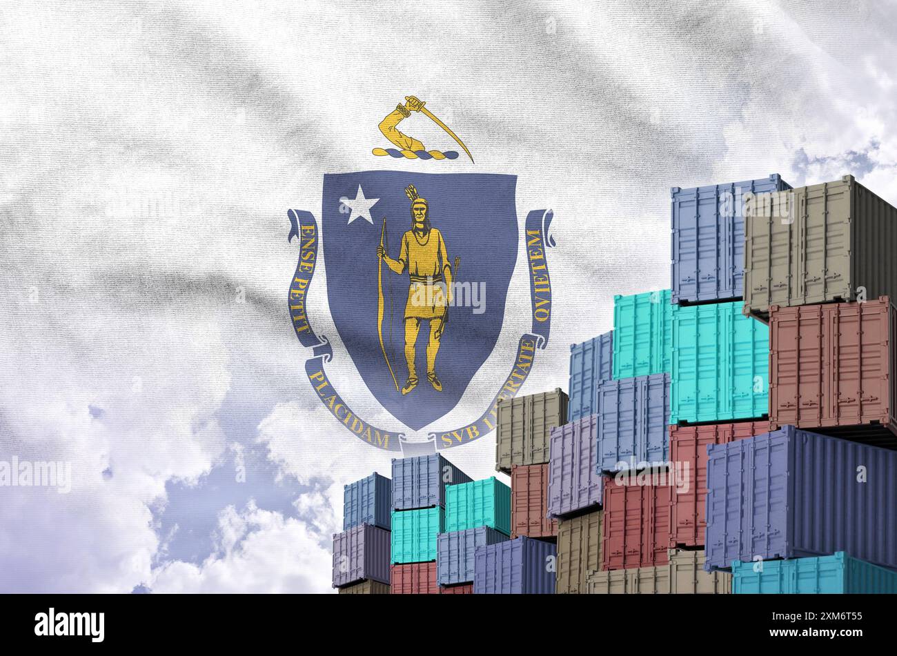 Massachusetts US state flag and big stack of shipping cargo containers ...