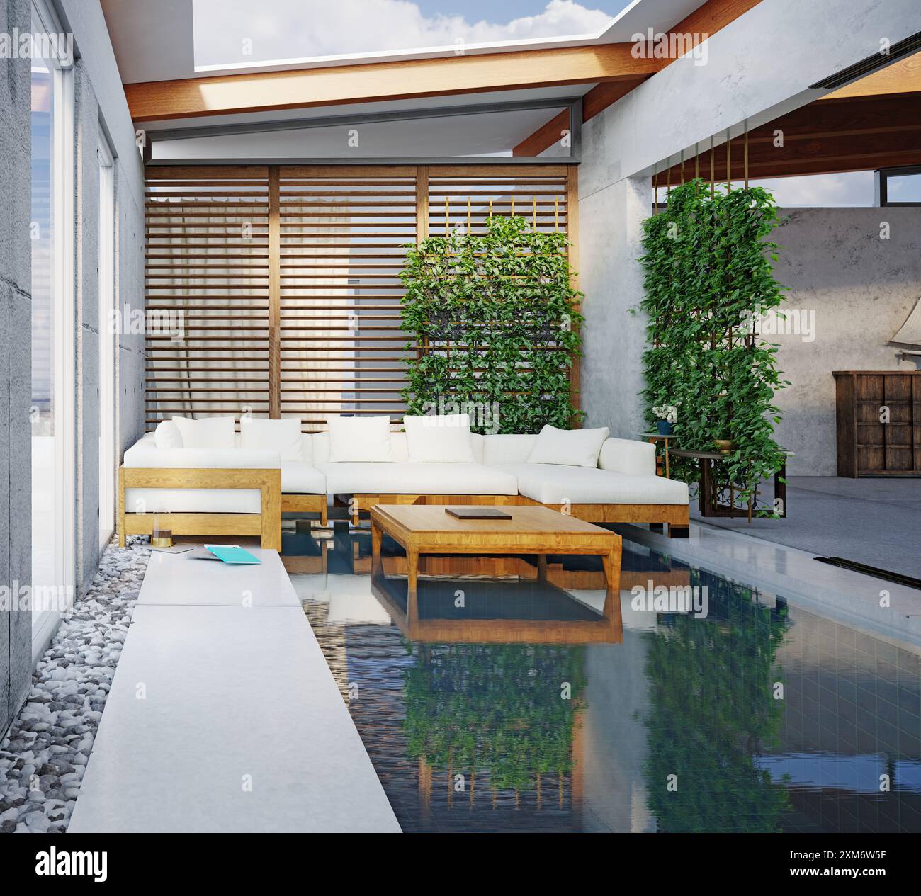 Interior of a modern living room with a swimming pool. 3d rendering ...