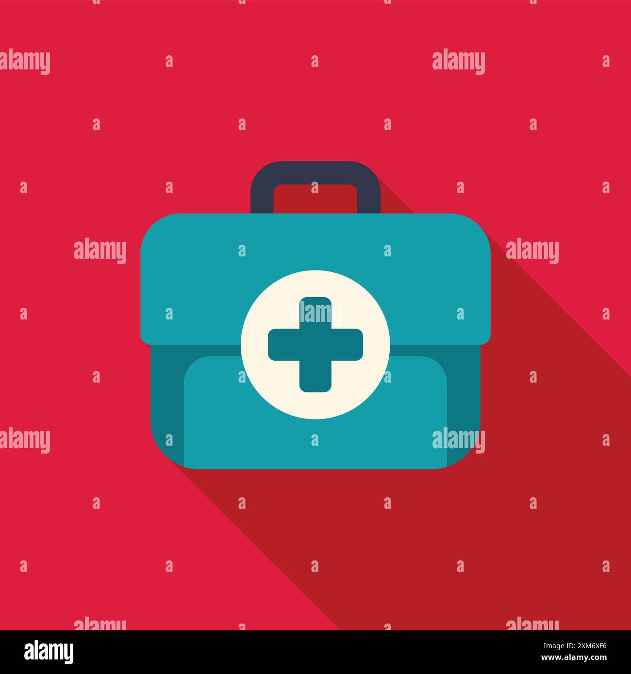 First aid kit icon is casting a long shadow on a red background Stock Vector