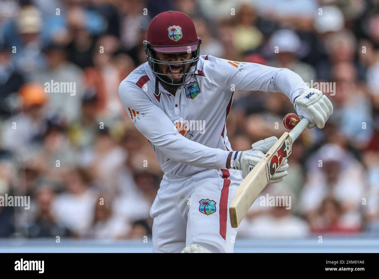 Mikyle Louis of West Indies hits the ball for one run during the 3rd Rothesay Test Match Day One match England vs West Indies at Edgbaston, Birmingham, United Kingdom, 26th July 2024  (Photo by Mark Cosgrove/News Images) Stock Photo