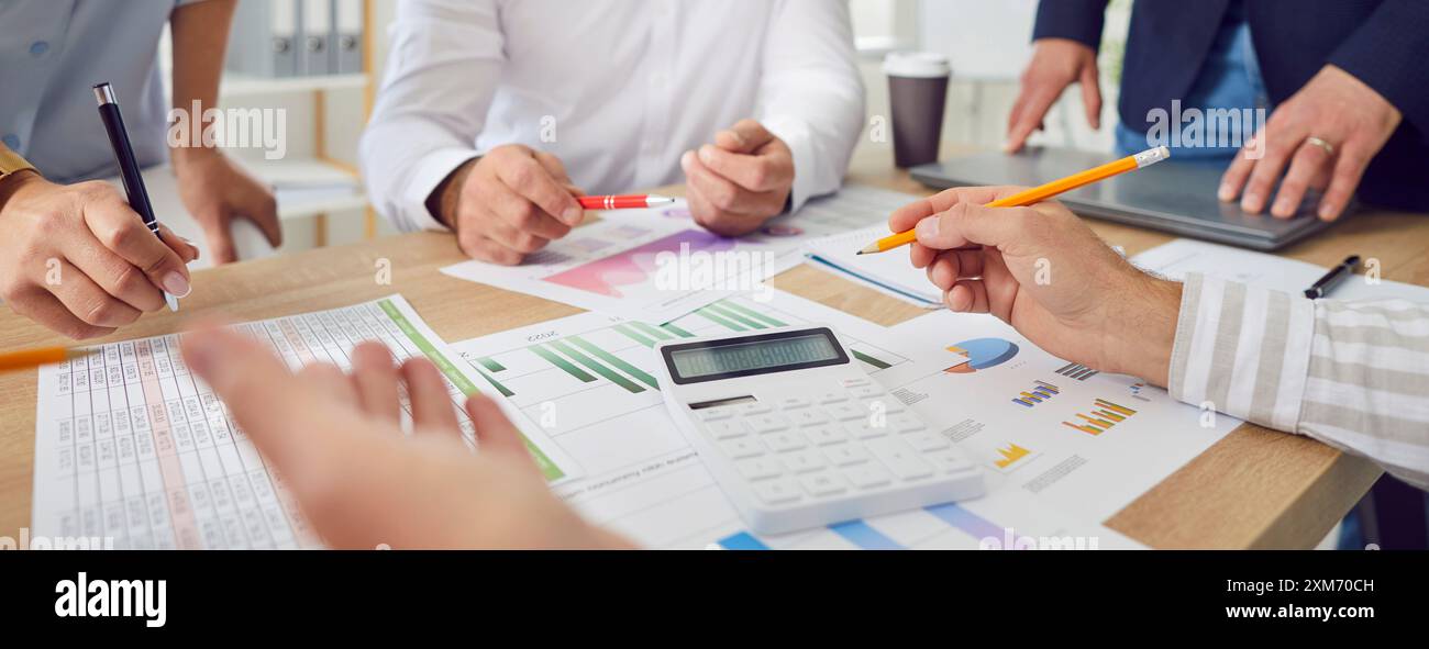 Banner with business team doing data analysis, working with accounting documents Stock Photo