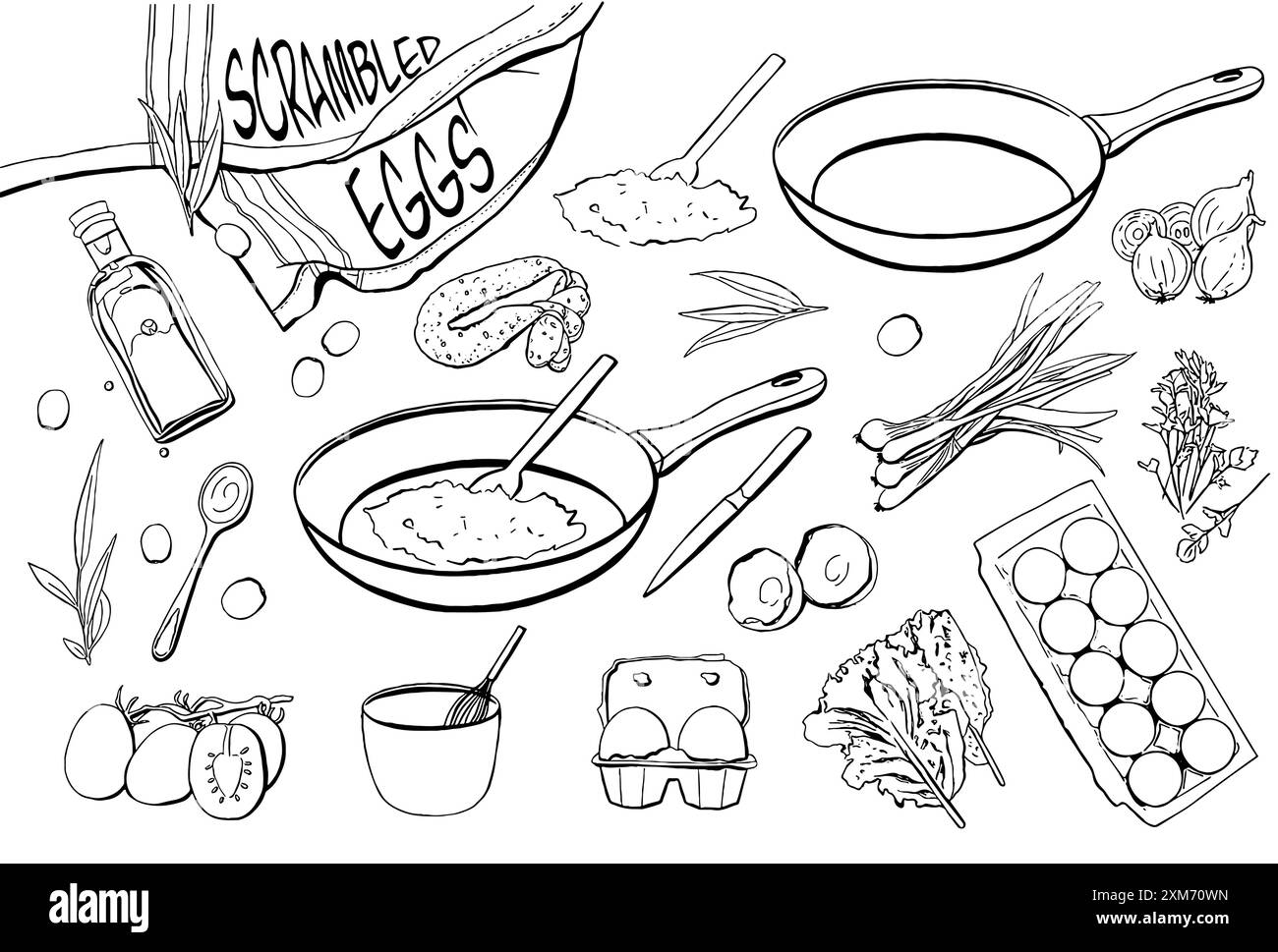 Hand drawn cooking elements. Food ingredients, tableware and ...