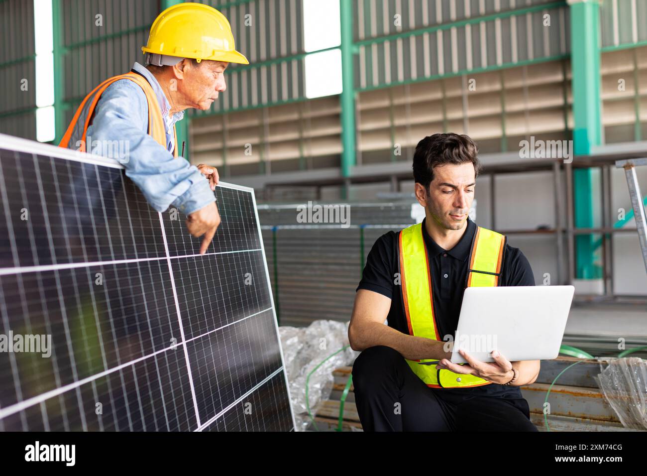 engineer team working check testing solar panel process before sand to ...