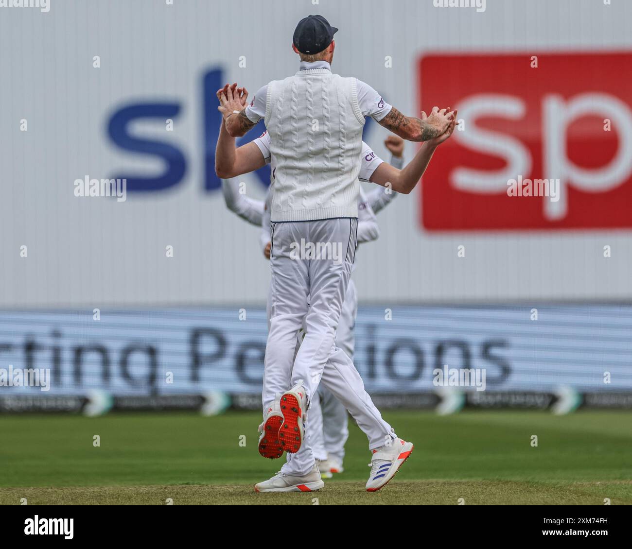 Gus Atkinson of England celebrates the wicket of Mikyle Louis of West Indies during the 3rd Rothesay Test Match Day One match England vs West Indies at Edgbaston, Birmingham, United Kingdom, 26th July 2024  (Photo by Mark Cosgrove/News Images) Stock Photo