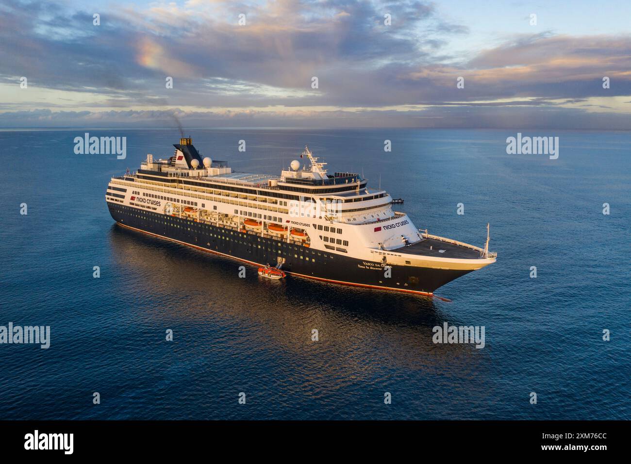 Aerial view of cruise ship Vasco da Gama (nicko cruises) with tender ...