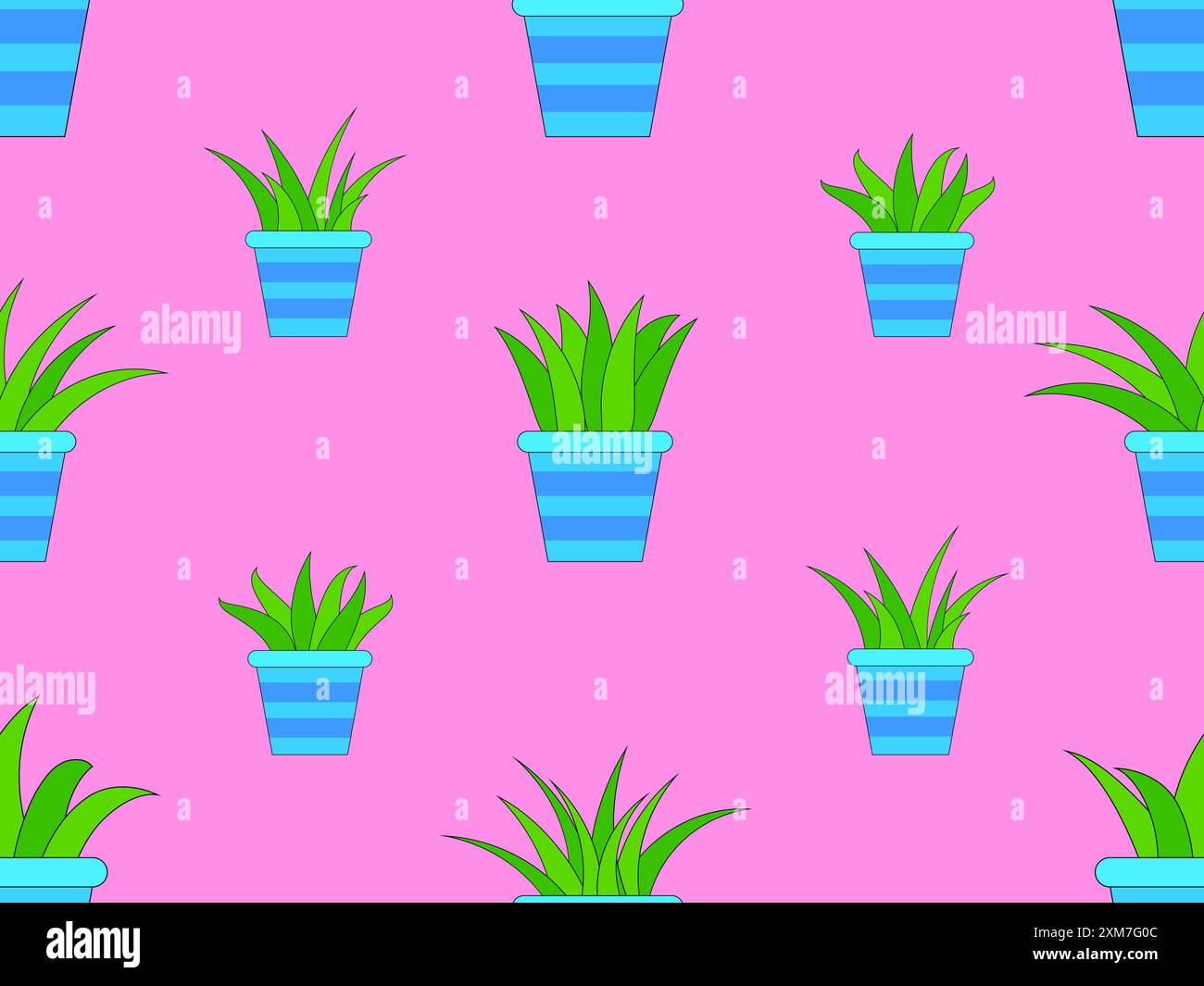 Seamless pattern with potted indoor plants in minimalist style. Indoor plants in a pot with a black outline. Houseplant design for wallpaper, wrappers Stock Vector