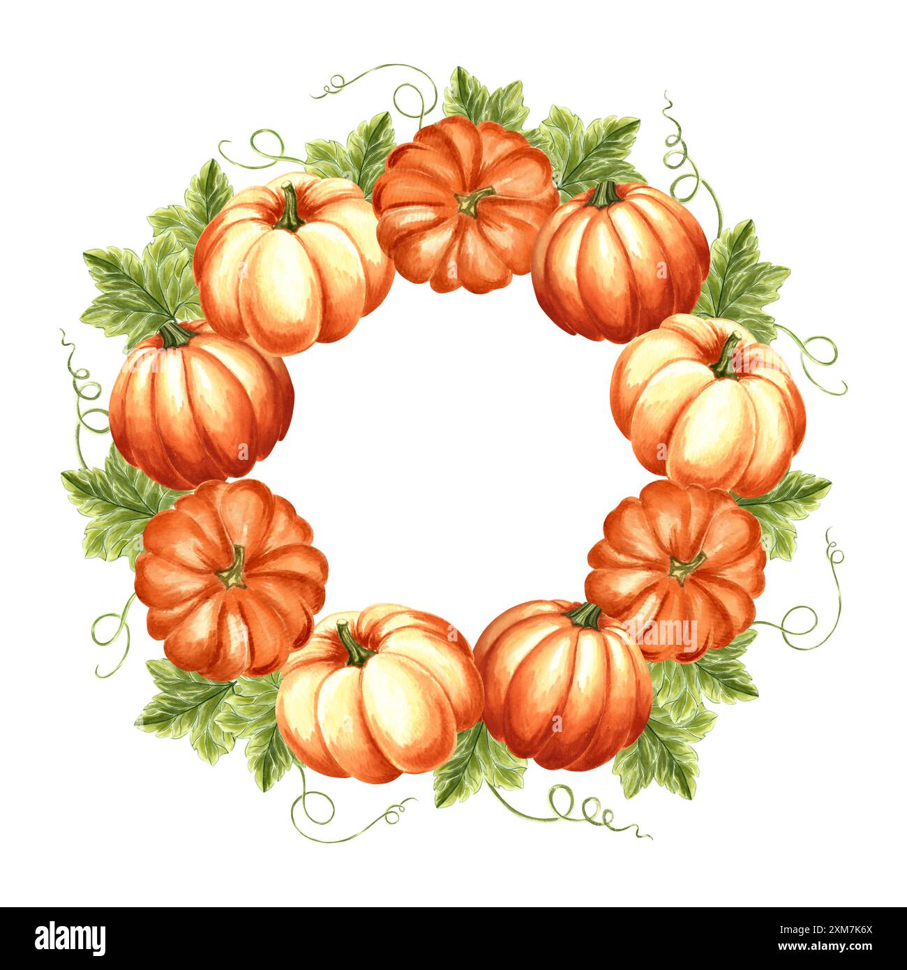 Pumpkins with green leaves. Autumn wreath. Fall frame round for Harvest ...