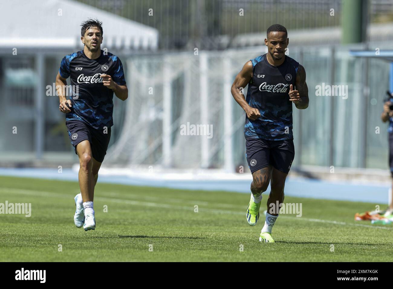 Napoli's Argentinian forward Giovanni Simeone and Napoli's Brazilian defender Natan during SSC Napoli's 2024-25 preseason training camp in Castel Di Sangro, Abruzzo, Italy. Stock Photo