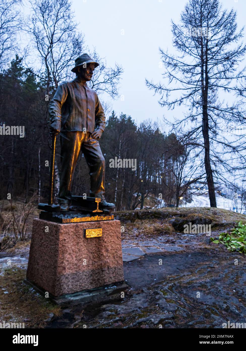 Narvik, Norway - Mar, 2023 -. Railway builder monument in winter. Northern Europe Stock Photo