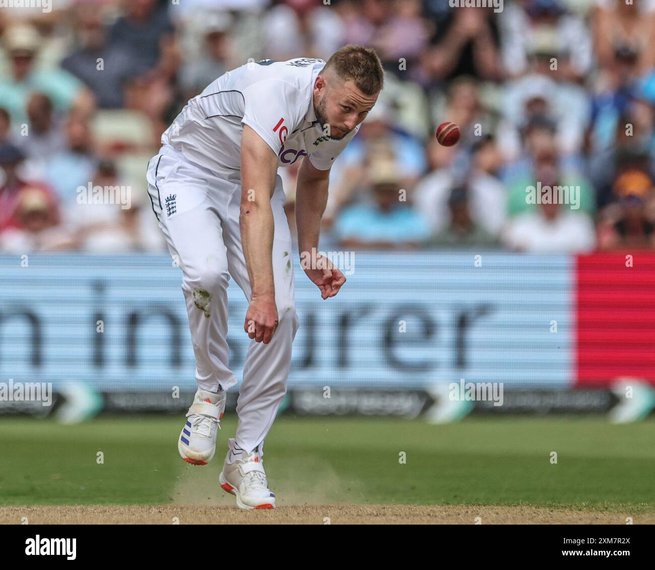 Gus Atkinson of England delivers the ball during the 3rd Rothesay Test Match Day One match England vs West Indies at Edgbaston, Birmingham, United Kingdom, 26th July 2024  (Photo by Mark Cosgrove/News Images) Stock Photo