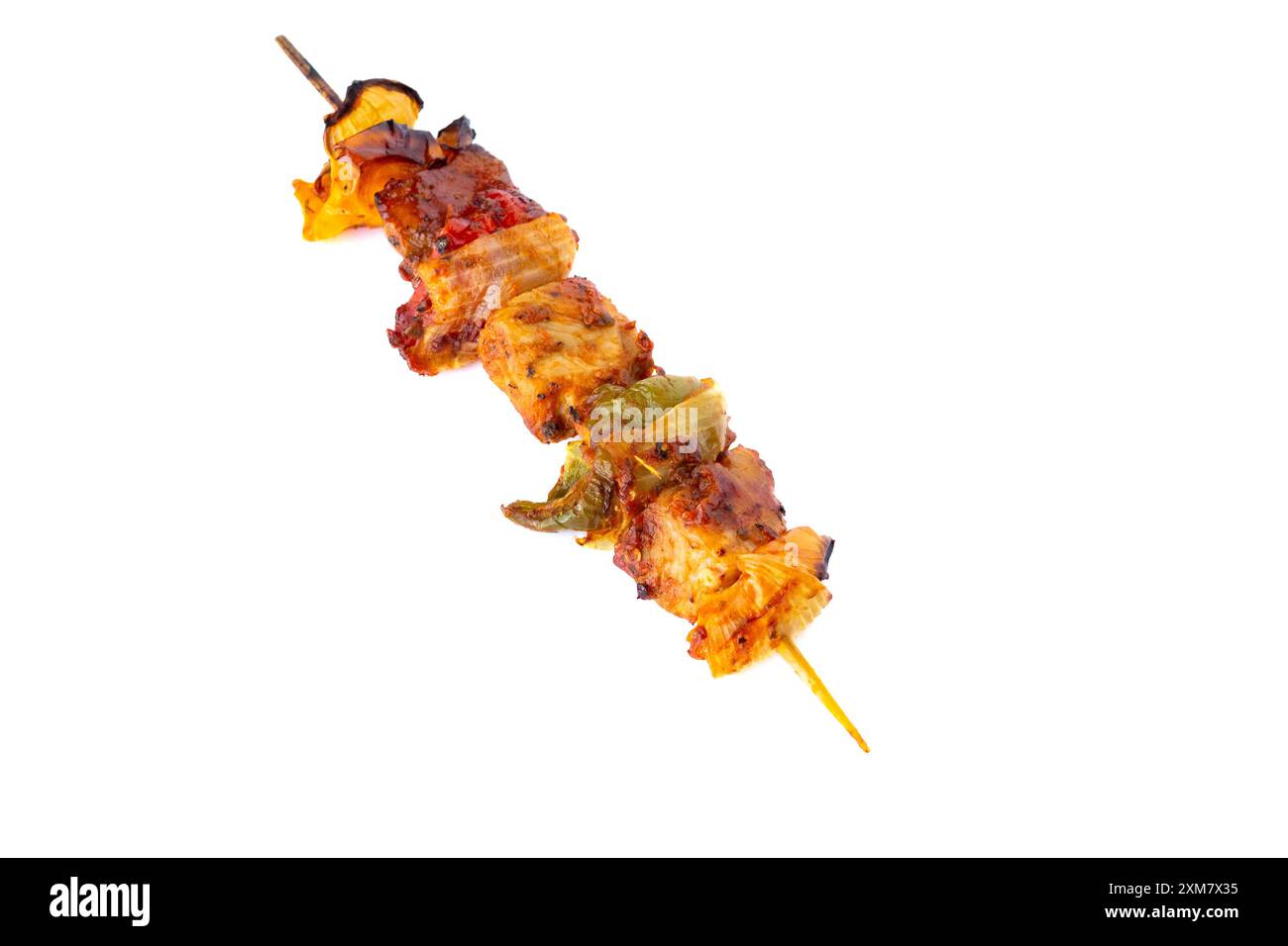 Grilled pork skewer and vegetables barbecue isolated on white background Stock Photo