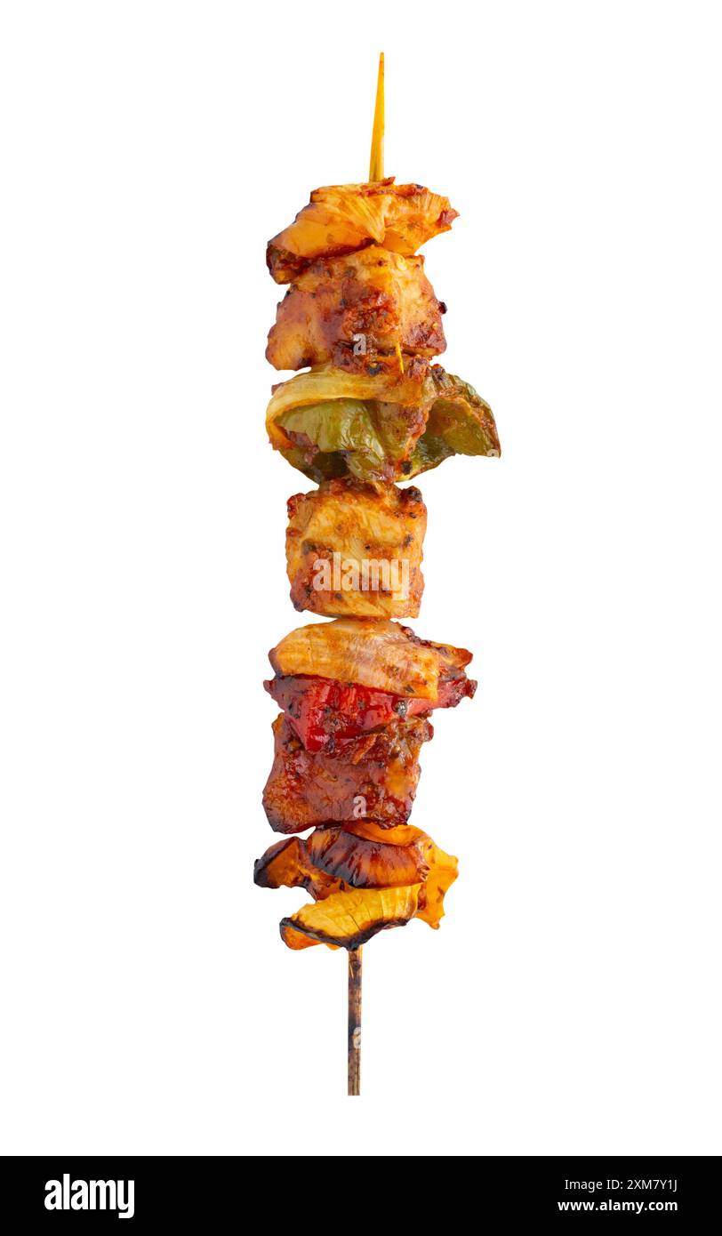 Grilled pork skewer and vegetables barbecue isolated on white background Stock Photo