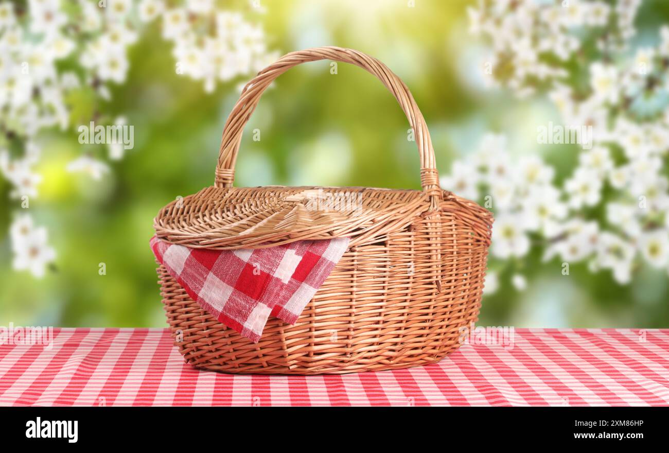 Wicker picnic basket with red checkered napkin on table in nature ...
