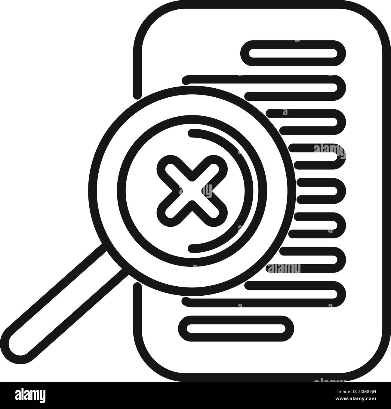 Line icon of a magnifying glass with a cross sign hovering over a document, symbolizing error detection Stock Vector